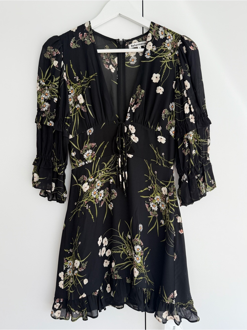 Reformation Black Floral Tie-Front Mini Dress